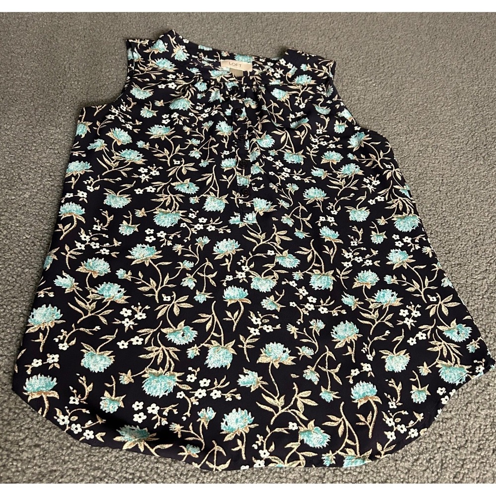 LOFT Floral Blouse Women Small Navy Blue Teal Sleeveless Button Front Pleated